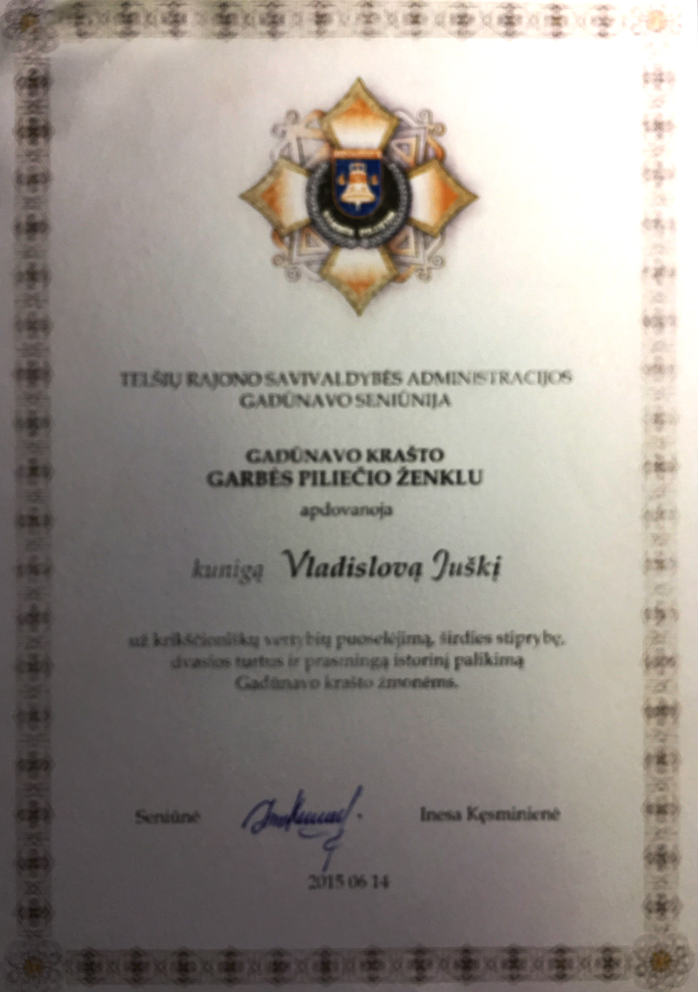 Garbės piliečio vl. Juškiui pažymėjimas.jpg