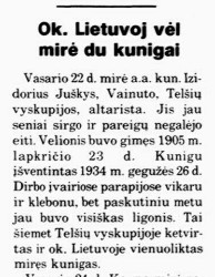 Izidorius Juškys, Vainuto klebono mirtis-Draugas 1986m.jpg