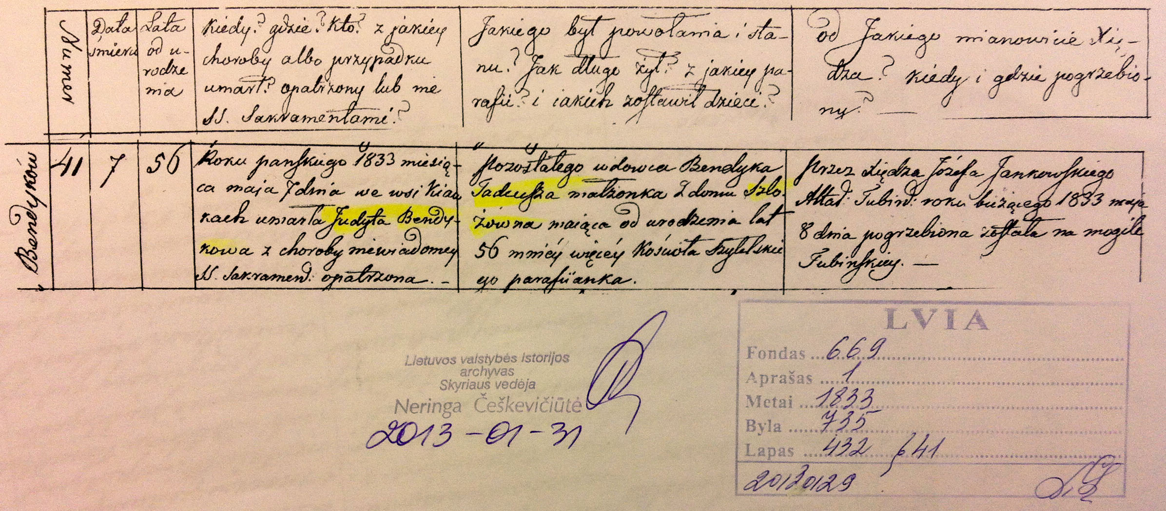 LVIA 1833m Juditos Šlažaitės 56m mirties