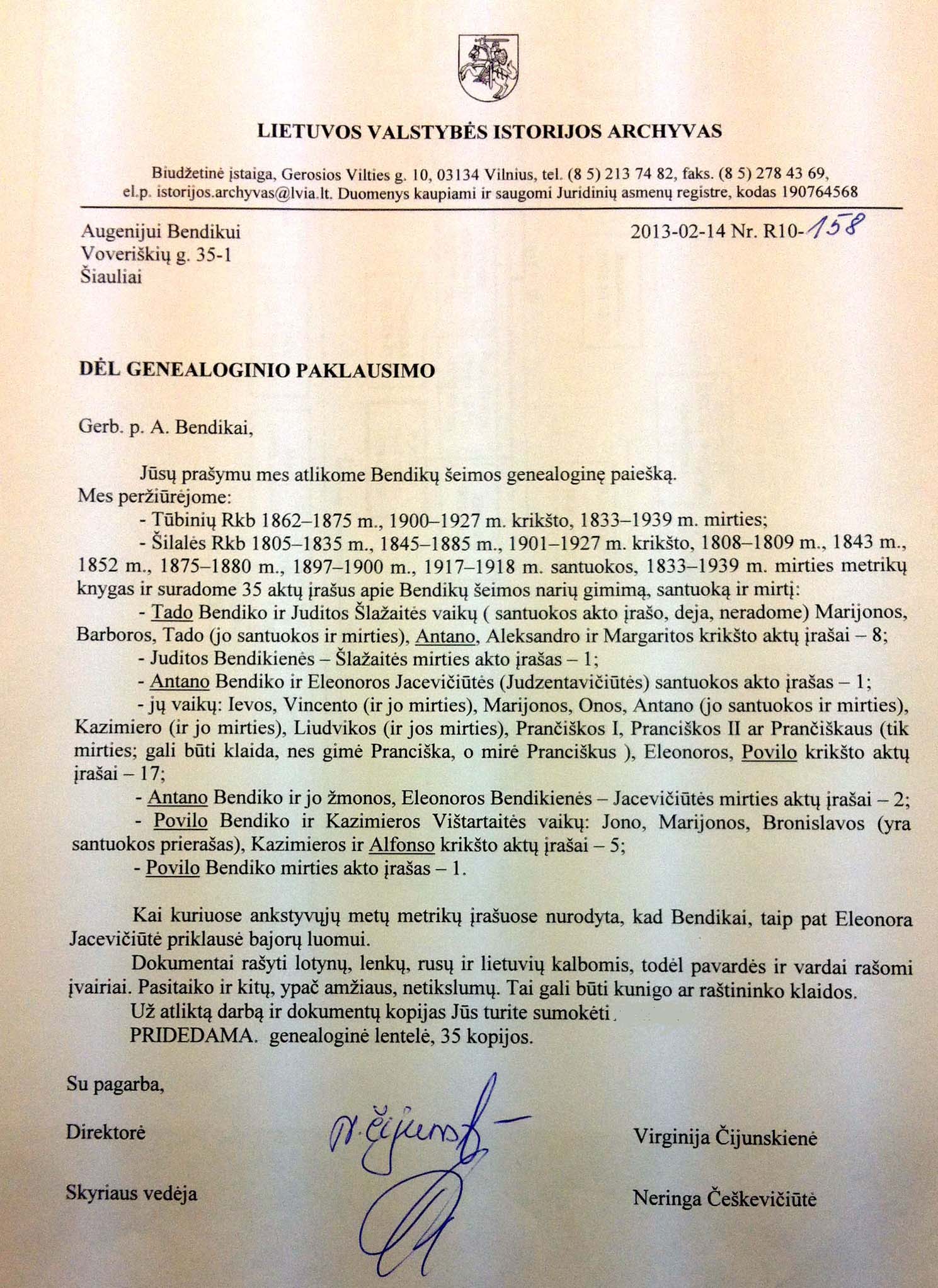 LVIA ataskaita į genealoginį paklausimą Bendikų2 2013m