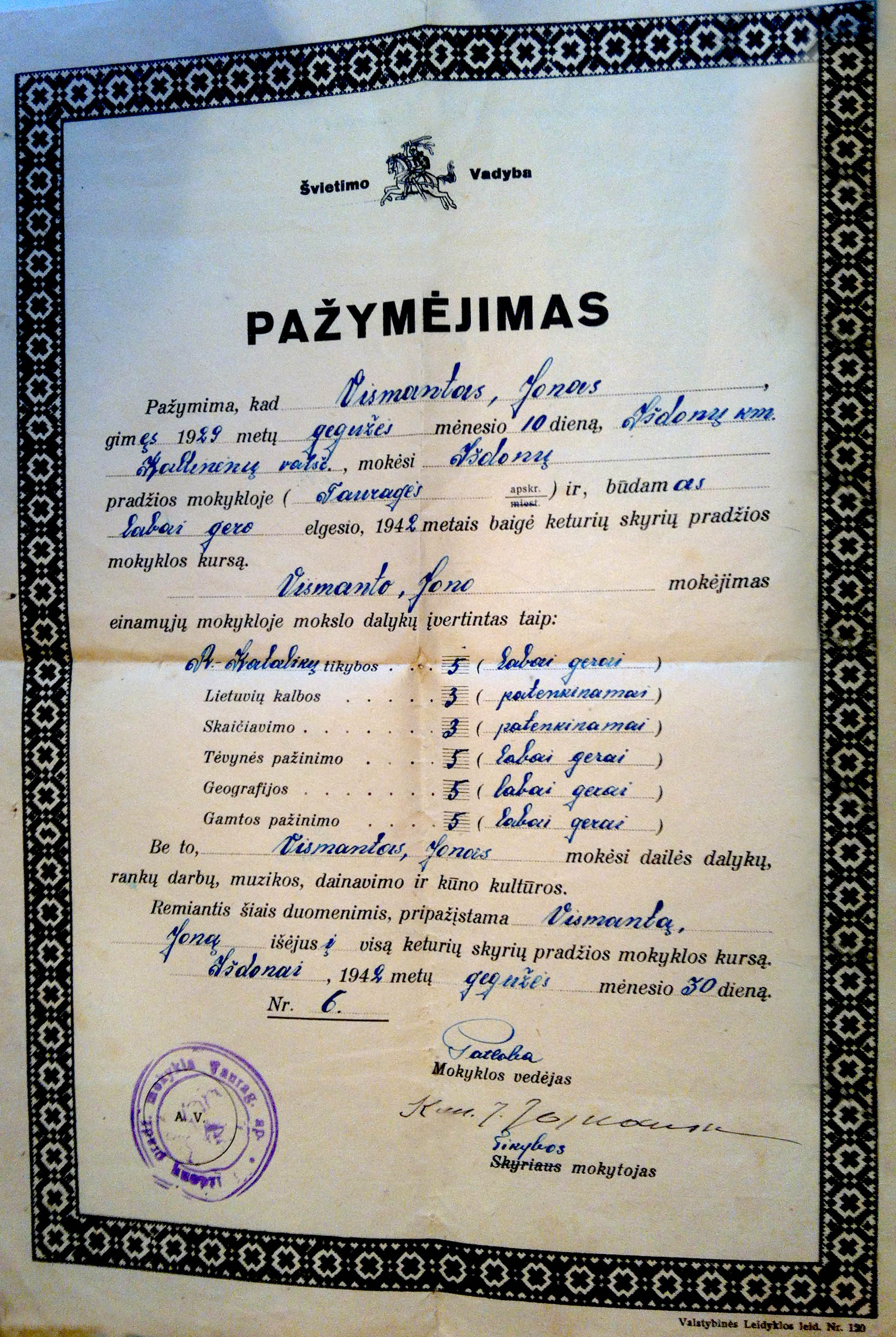 Mokyklos baigimo pazymejimas Jono Vismanto1
