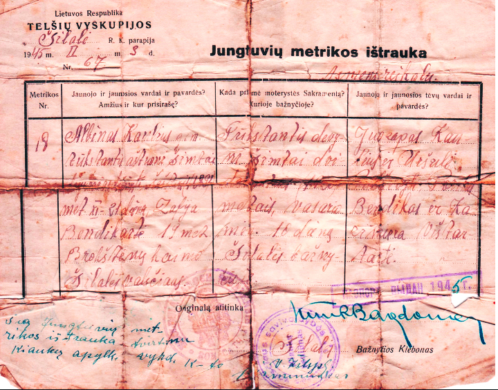 Zofijos Bendikaitės 1920 m Jungtuvių metrikos ištrauka Telšių Vyskupijos išduota 1945 m po karo paso išėmimui 1