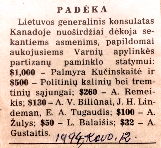 Palmyra Kanados Lietuvių macenatė auka paminklui